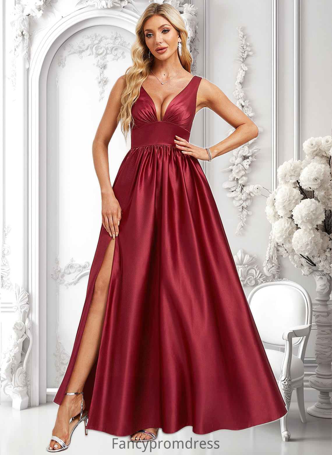 Amelie A-line V-Neck Floor-Length Satin Bridesmaid Dress DRP0025775