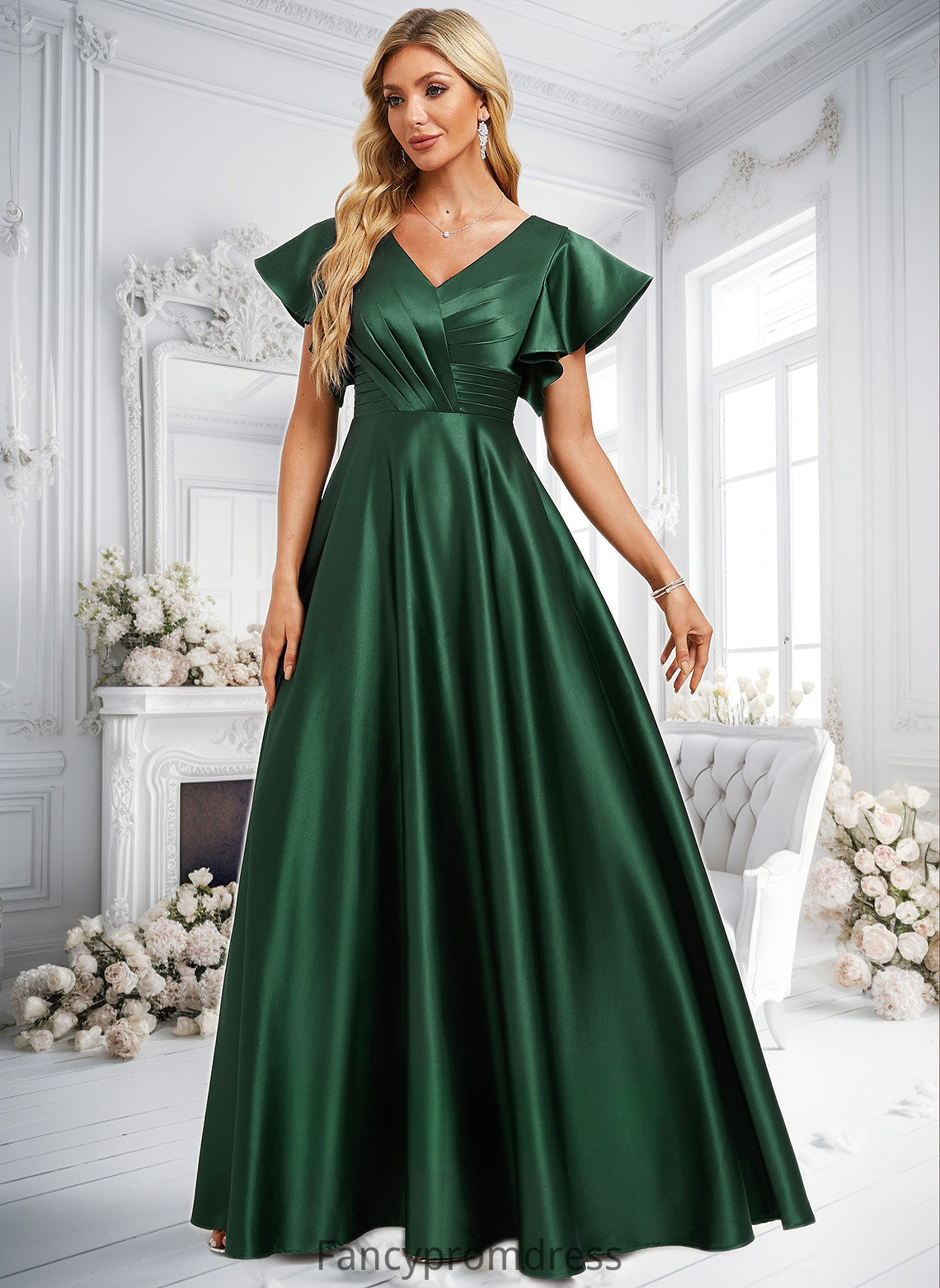 Selina A-line V-Neck Floor-Length Satin Bridesmaid Dress With Ruffle DRP0025777