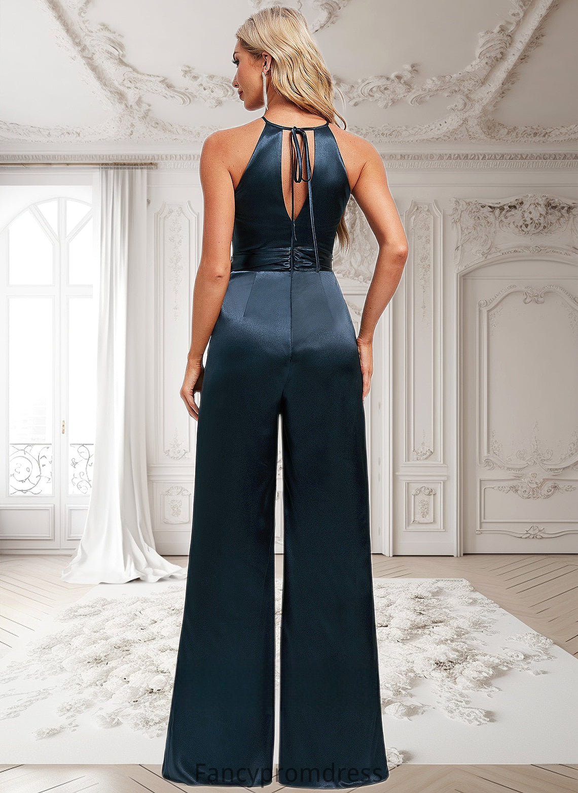 Marlie Jumpsuit/Pantsuit Halter Floor-Length Stretch Satin Bridesmaid Dress DRP0025805