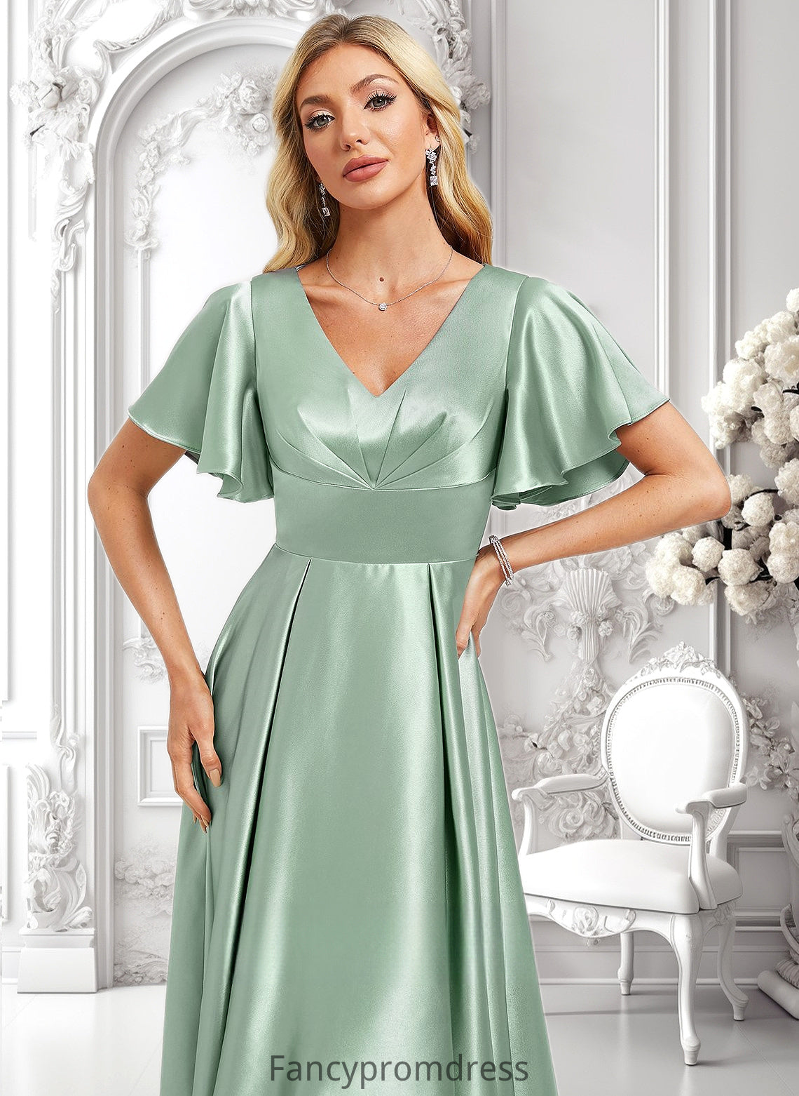 Georgia A-line V-Neck Asymmetrical Stretch Satin Bridesmaid Dress With Ruffle DRP0025772