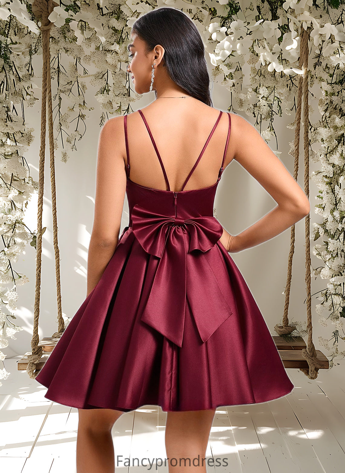 Ruby Ball-Gown/Princess V-Neck Short Satin Homecoming Dress With Bow DRP0025662