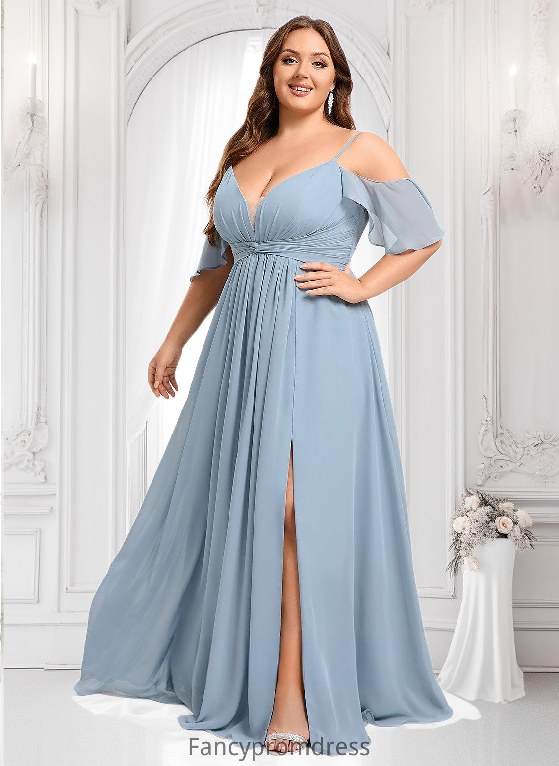 Marisa A-line Cold Shoulder Floor-Length Chiffon Bridesmaid Dress With Ruffle DRP0025797