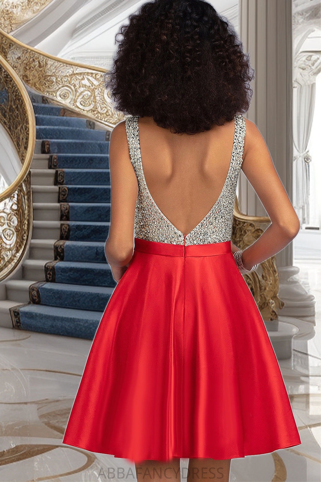 Brenda A-line V-Neck Short/Mini Satin Homecoming Dress With Beading Sequins DRP0020569