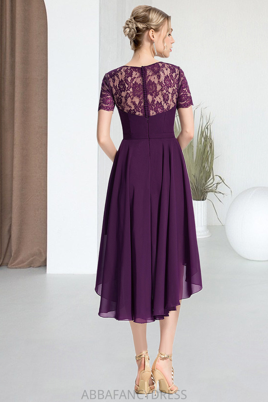 Aisha A-line Scoop Asymmetrical Chiffon Lace Homecoming Dress DRP0020587