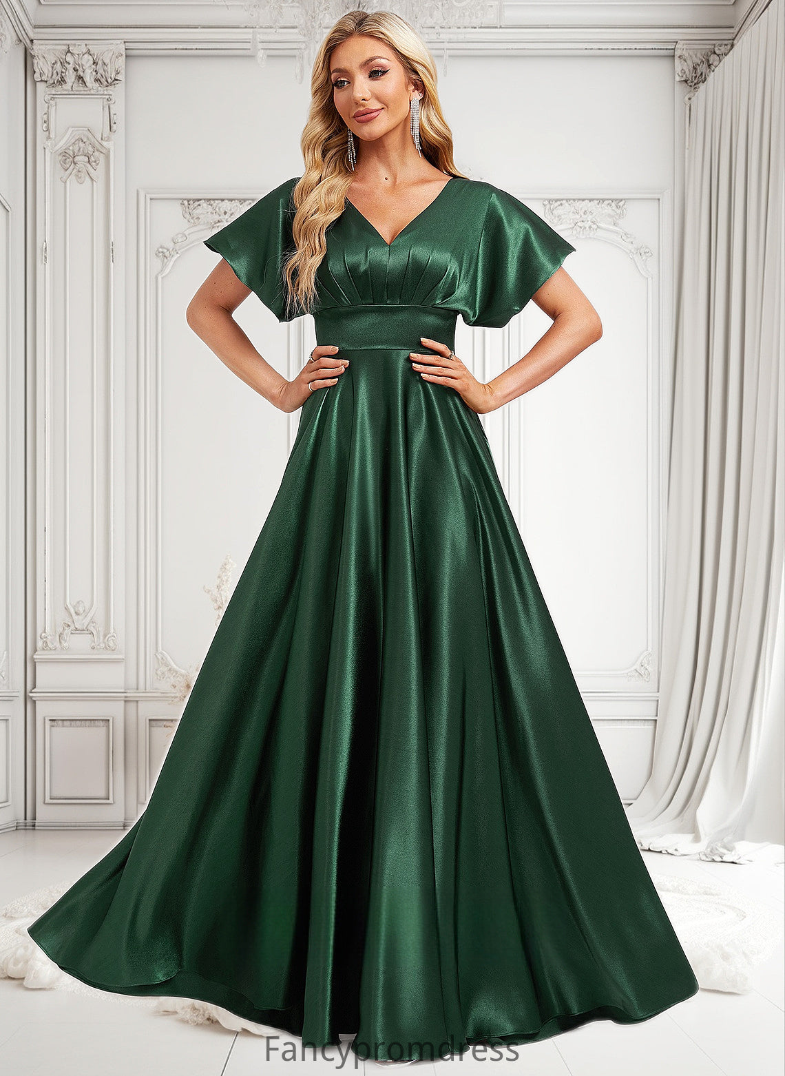 Nathalia A-line V-Neck Floor-Length Stretch Satin Bridesmaid Dress DRP0025782