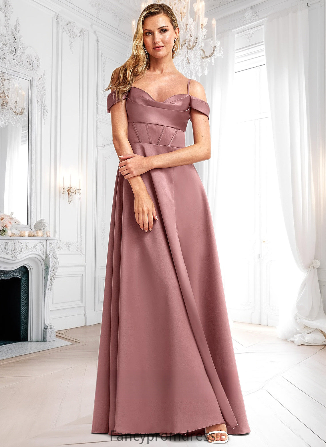 Kayden A-line Cold Shoulder Floor-Length Satin Bridesmaid Dress DRP0025750