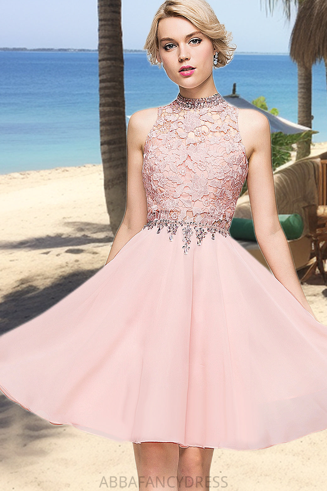 Carley A-line High Neck Knee-Length Chiffon Lace Homecoming Dress With Beading Sequins DRP0020596