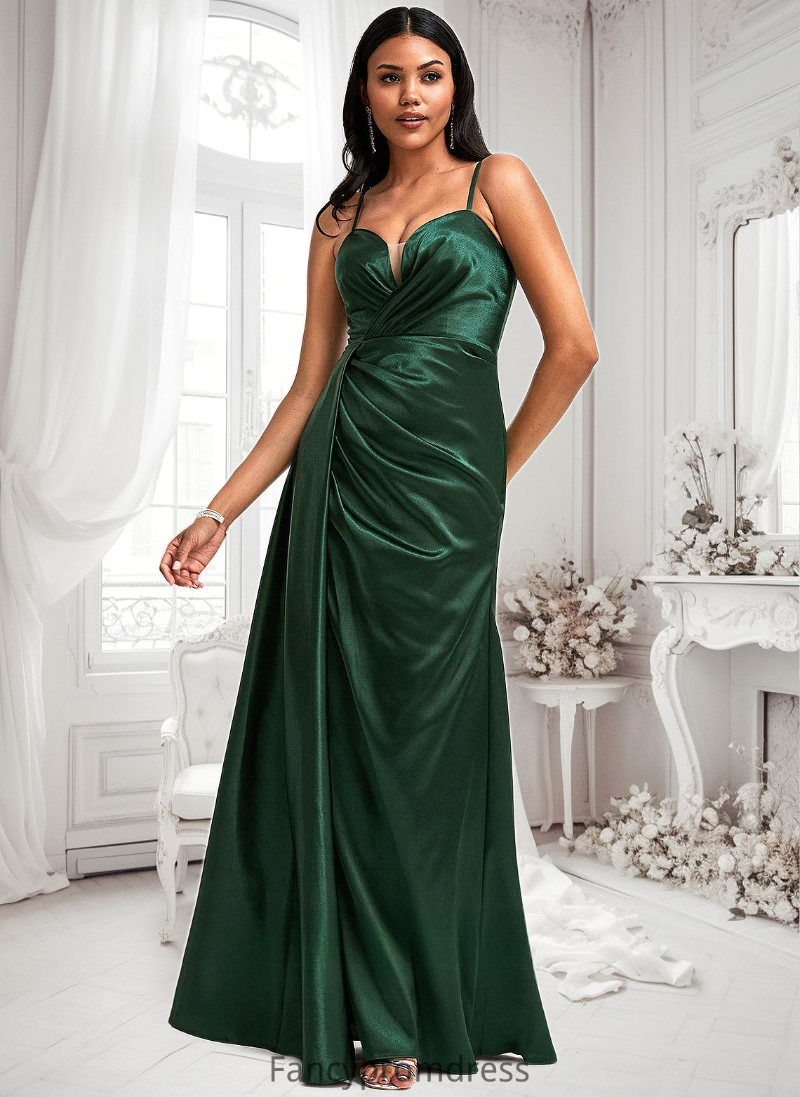 Kaia A-line V-Neck Floor-Length Stretch Satin Bridesmaid Dress DRP0025745