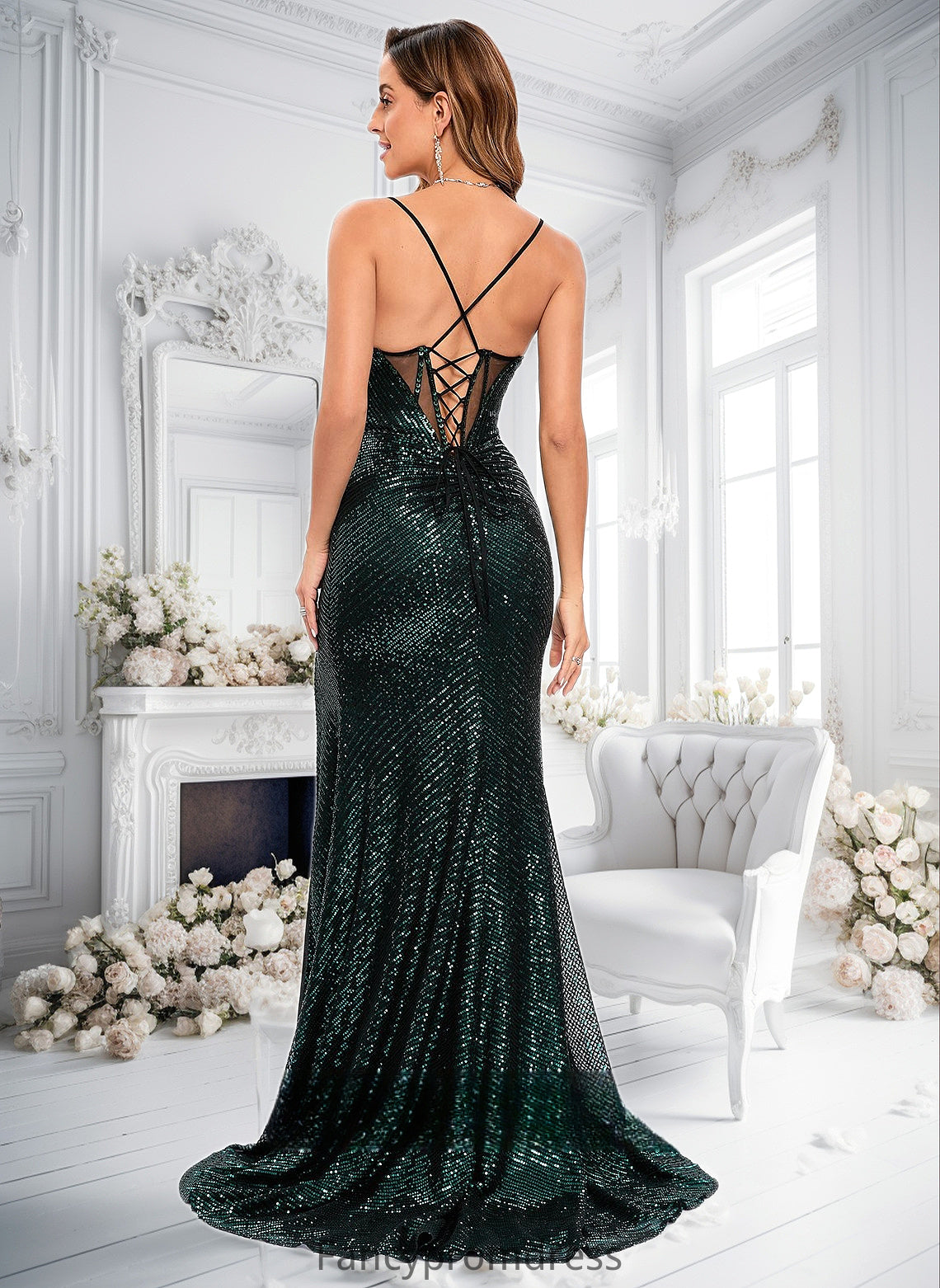 Elle Trumpet/Mermaid V-Neck Sweep Train Sequin Prom Dresses With Sequins DRP0025839