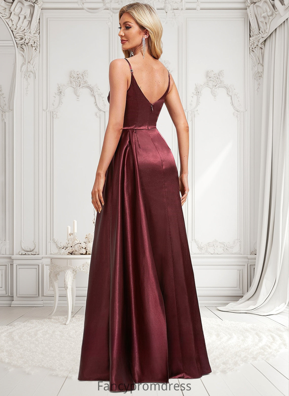 Moriah A-line V-Neck Floor-Length Stretch Satin Bridesmaid Dress With Ruffle DRP0025785