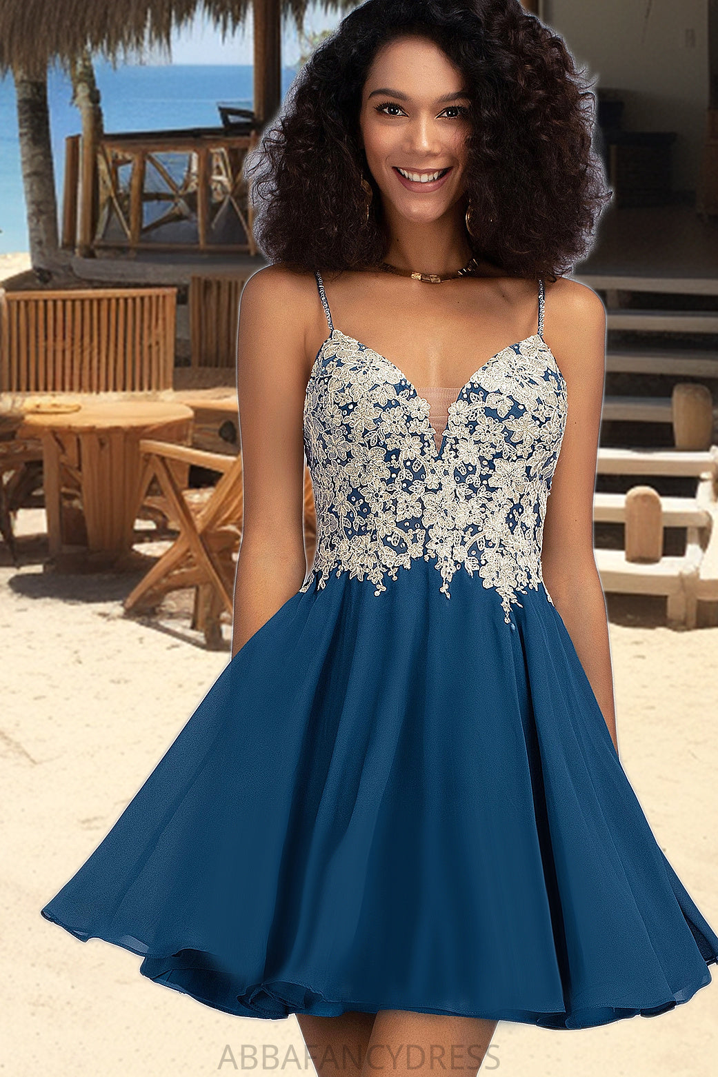 Theresa A-line V-Neck Short/Mini Chiffon Lace Homecoming Dress With Beading DRP0020572