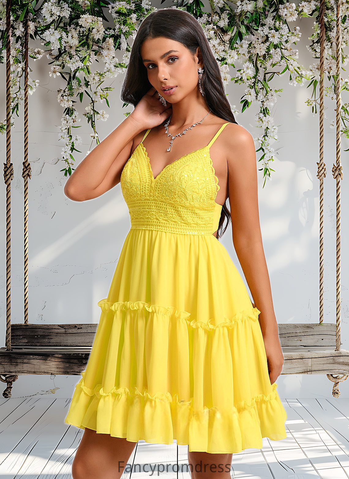 Nadine A-line V-Neck Short Chiffon Homecoming Dress With Ruffle Sequins DRP0025700