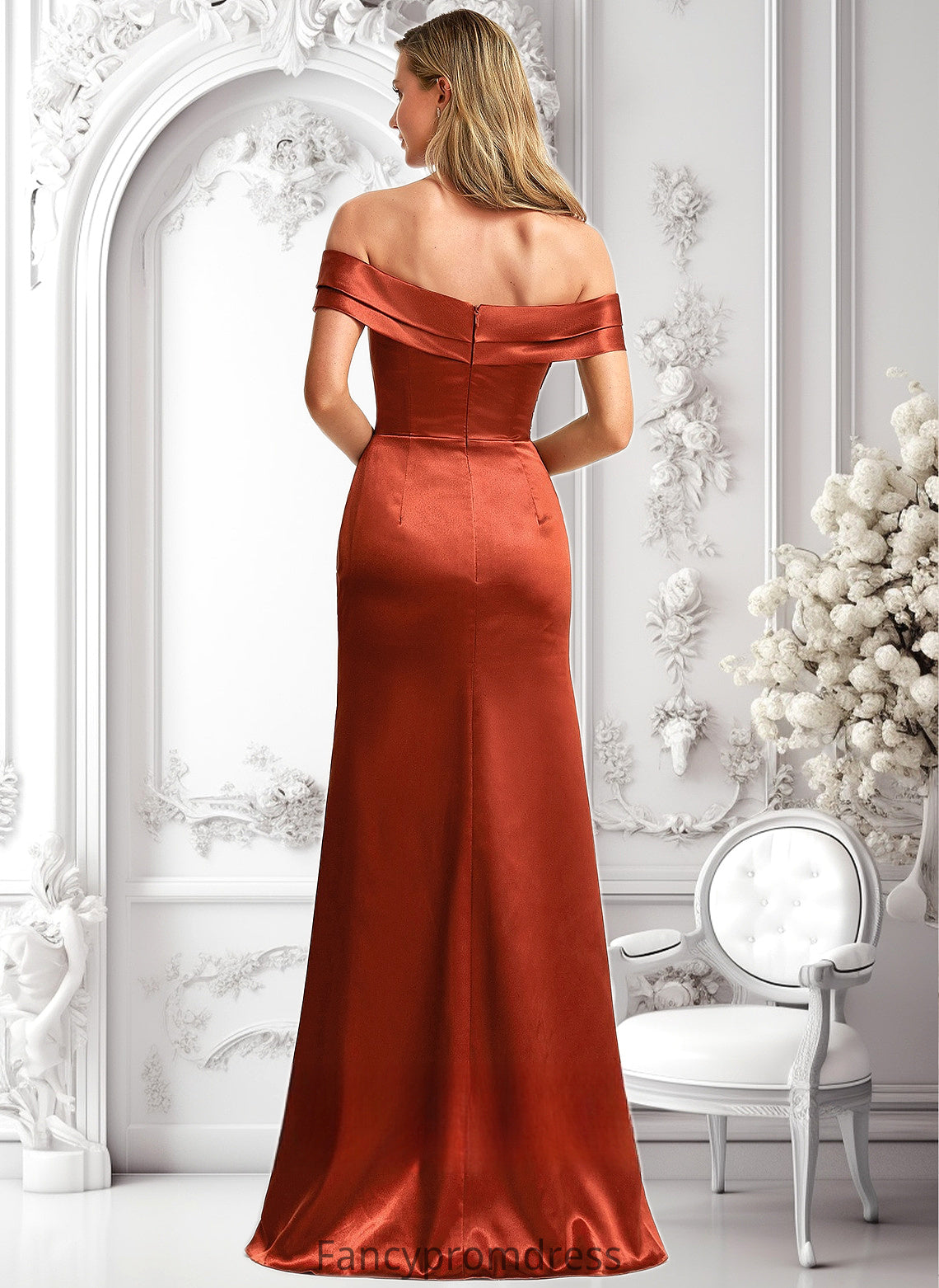 Melody A-line Off the Shoulder Floor-Length Stretch Satin Bridesmaid Dress DRP0025757