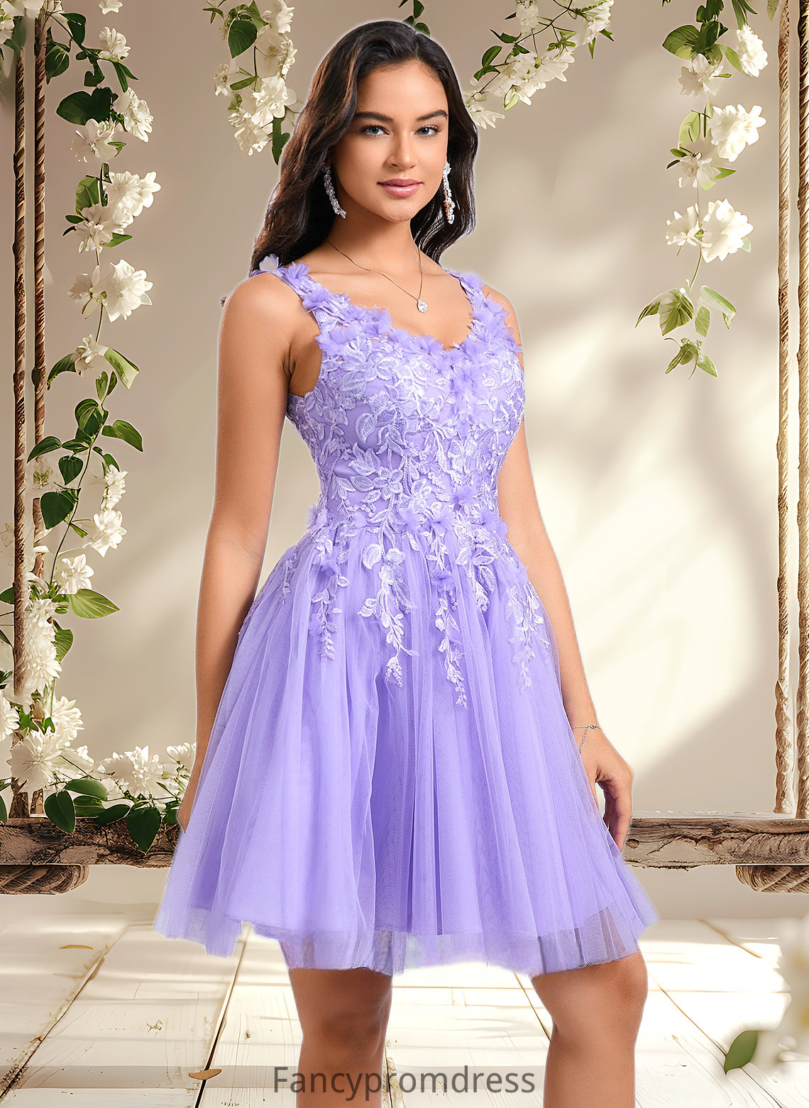 Lilith Ball-Gown/Princess V-Neck Short Lace Tulle Homecoming Dress With Flower DRP0025656