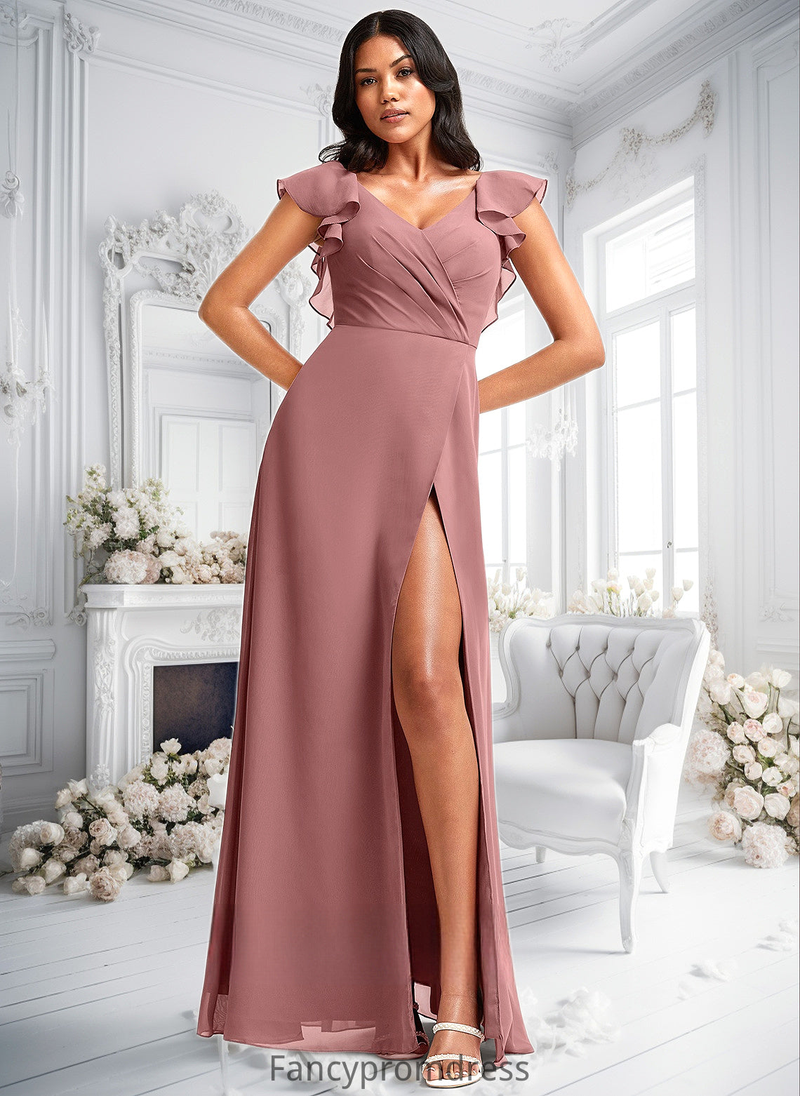 Patti A-line V-Neck Floor-Length Chiffon Bridesmaid Dress With Ruffle DRP0025751