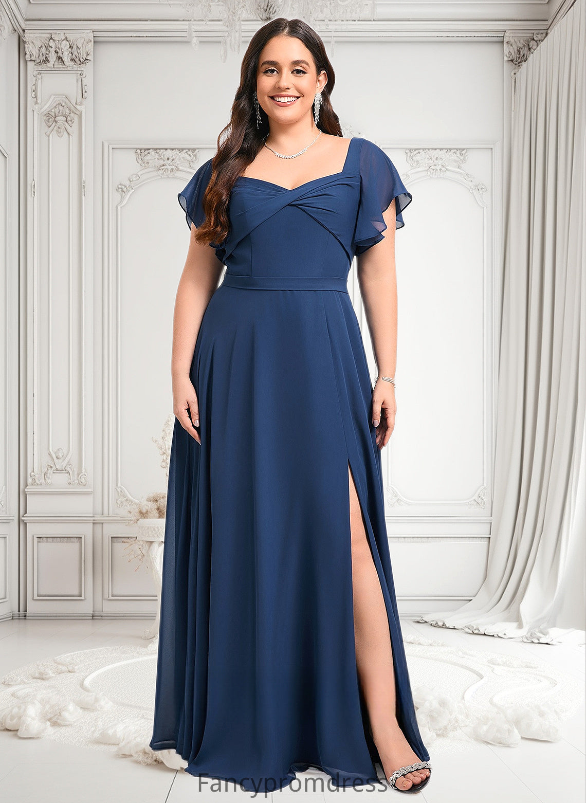 Liana A-line V-Neck Floor-Length Chiffon Bridesmaid Dress With Ruffle DRP0025802