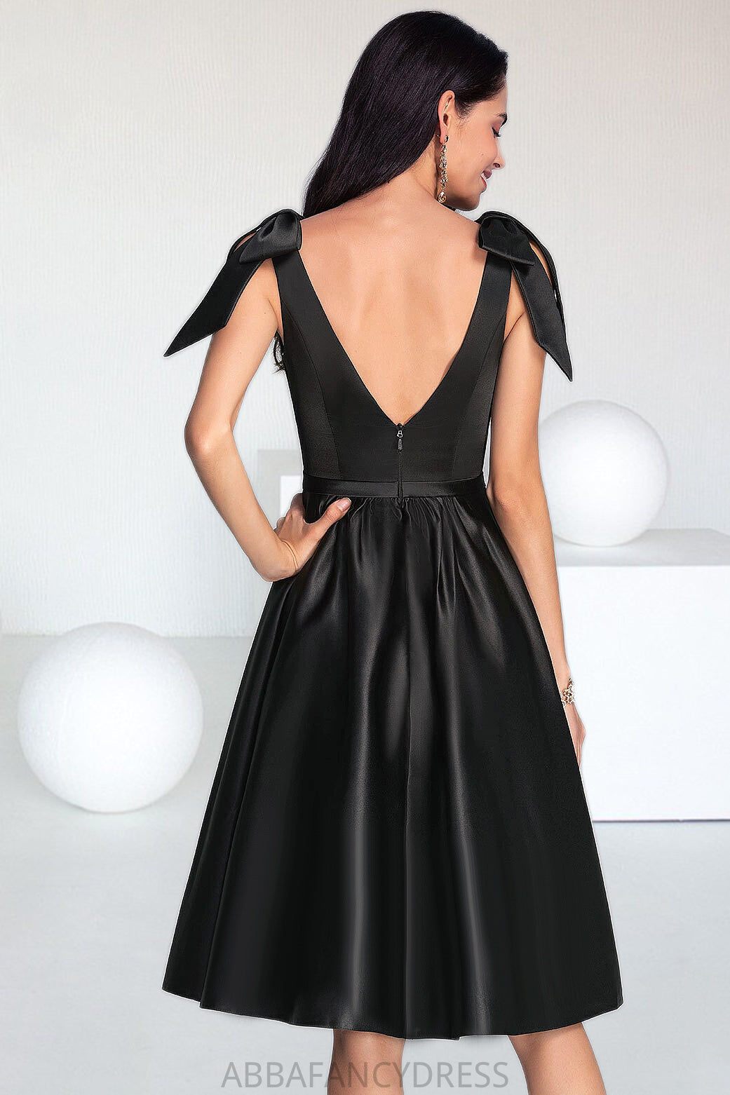 Addison A-line Square Knee-Length Satin Homecoming Dress With Bow DRP0020556