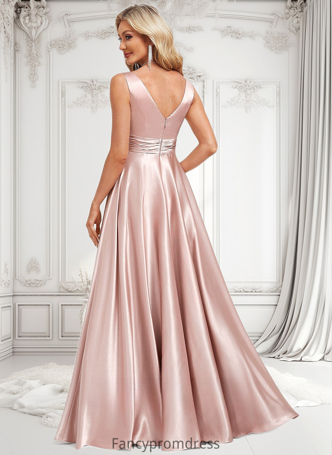 Lexie A-line V-Neck Floor-Length Stretch Satin Bridesmaid Dress DRP0025779