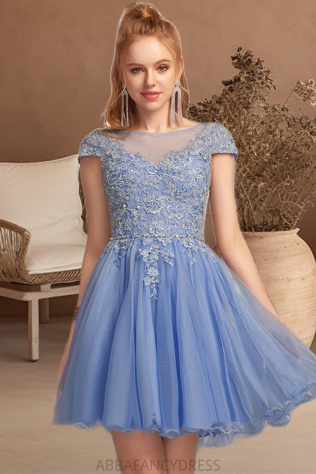 Zion A-line Scoop Short/Mini Tulle Homecoming Dress With Beading Appliques Lace DRP0020547