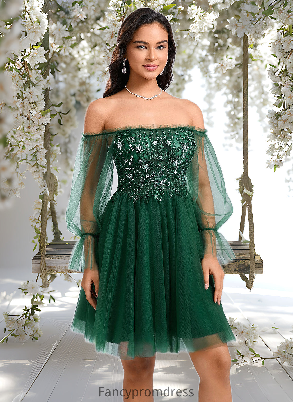 LuLu A-line Off the Shoulder Short Tulle Homecoming Dress With Sequins Appliques Lace DRP0025663