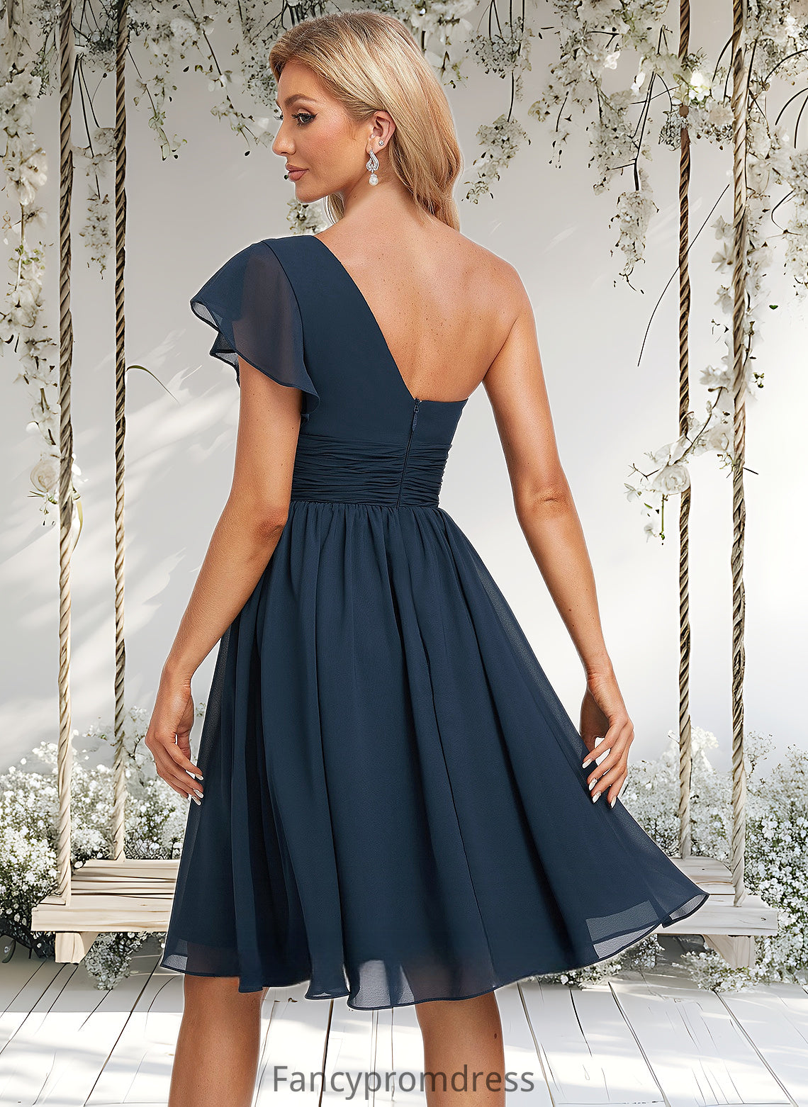 Rachel A-line One Shoulder Knee-Length Chiffon Homecoming Dress With Ruffle DRP0025722