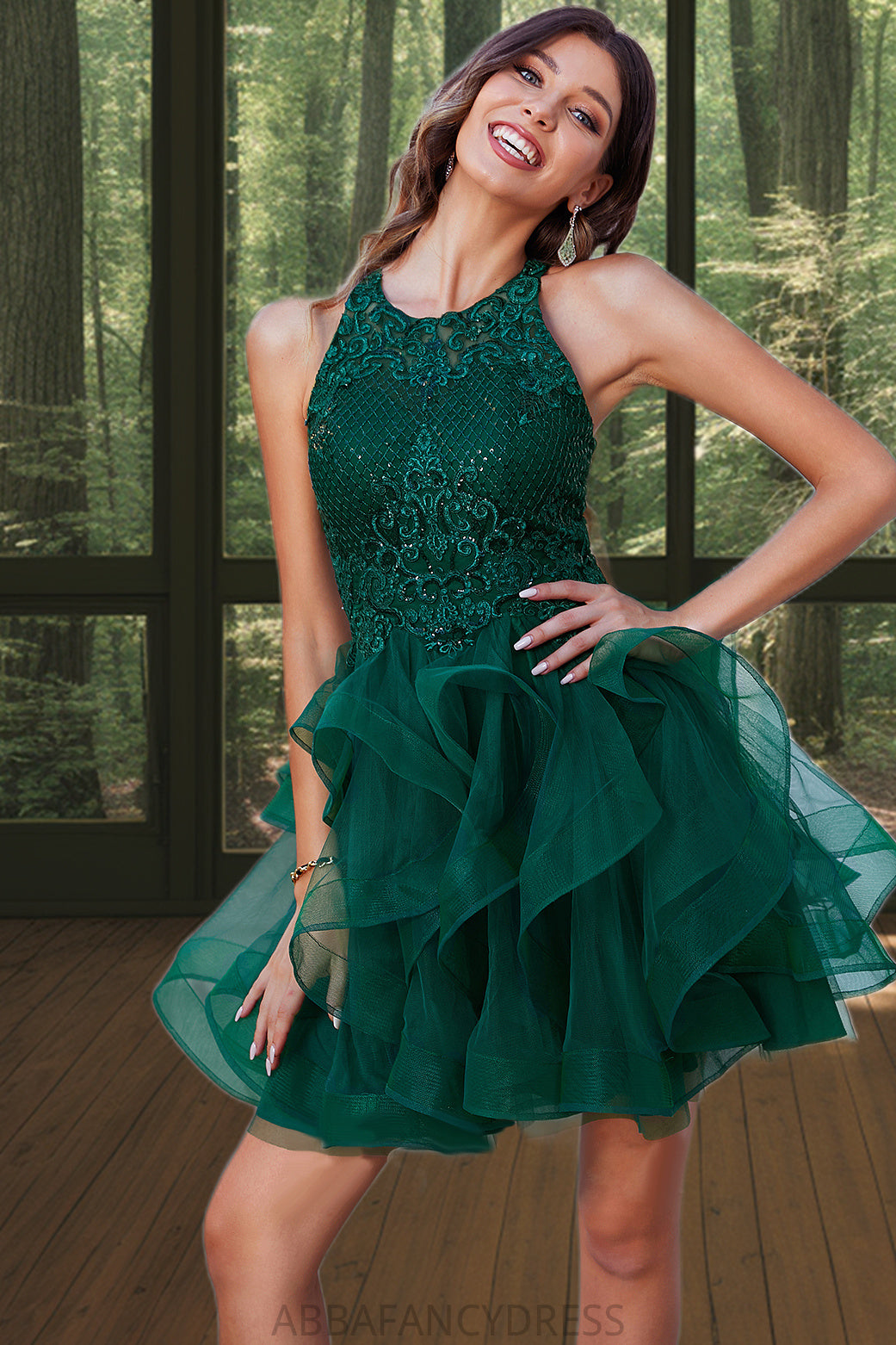 Annika Ball-Gown/Princess Scoop Short/Mini Lace Tulle Homecoming Dress With Sequins DRP0020537