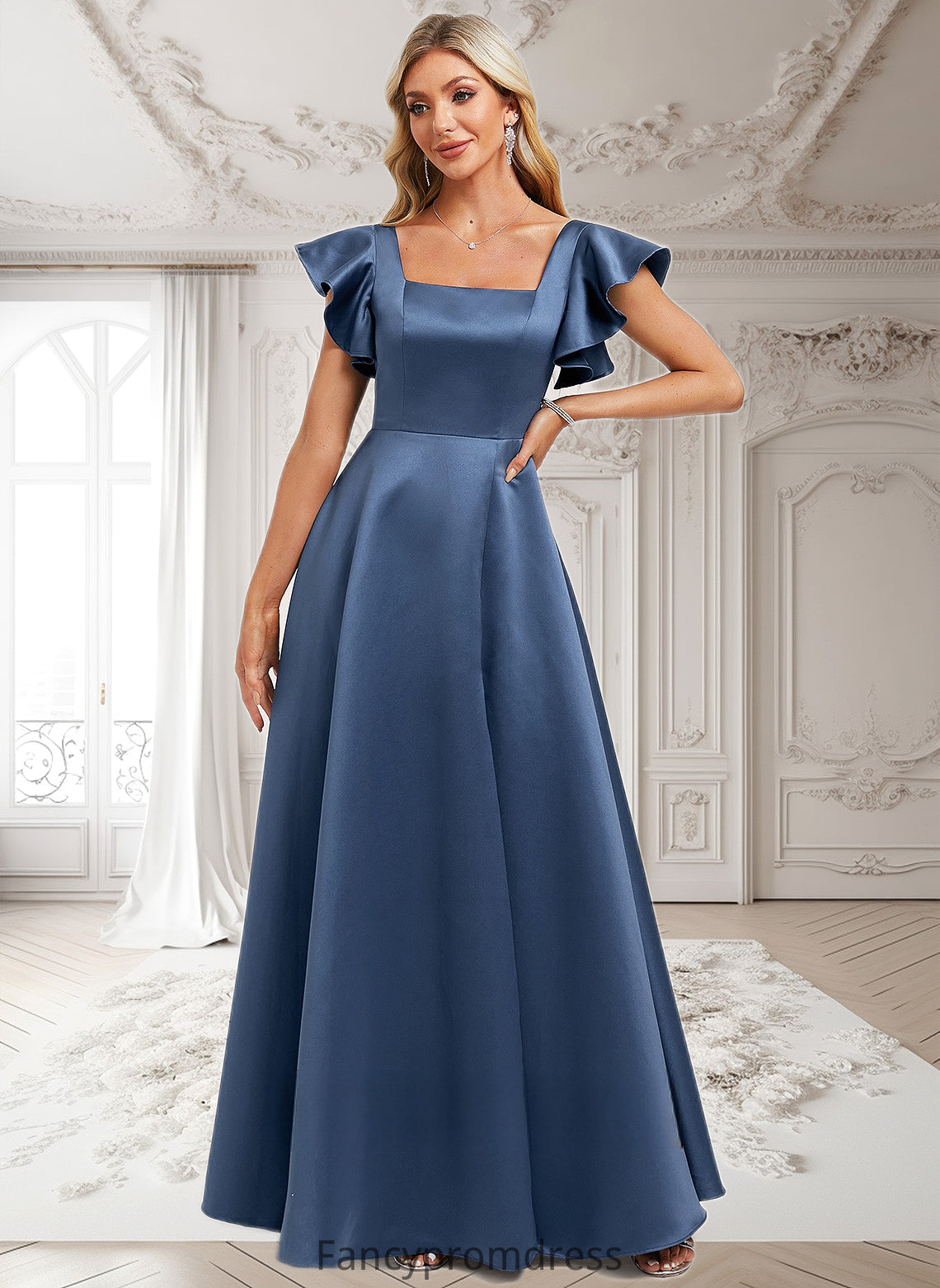 Kathryn A-line Square Floor-Length Satin Bridesmaid Dress With Ruffle DRP0025774