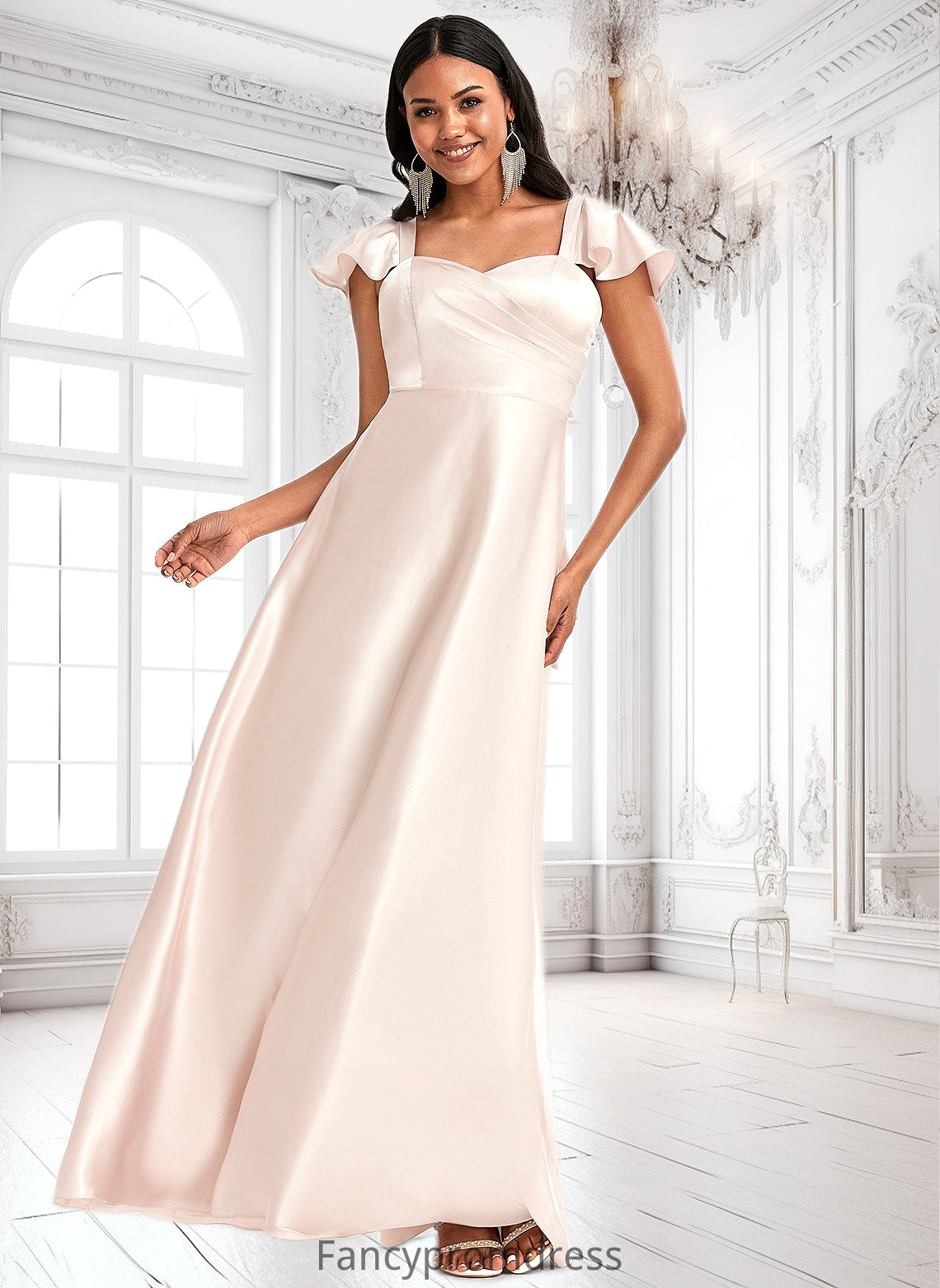 Stephanie A-line V-Neck Floor-Length Stretch Satin Bridesmaid Dress With Bow DRP0025759