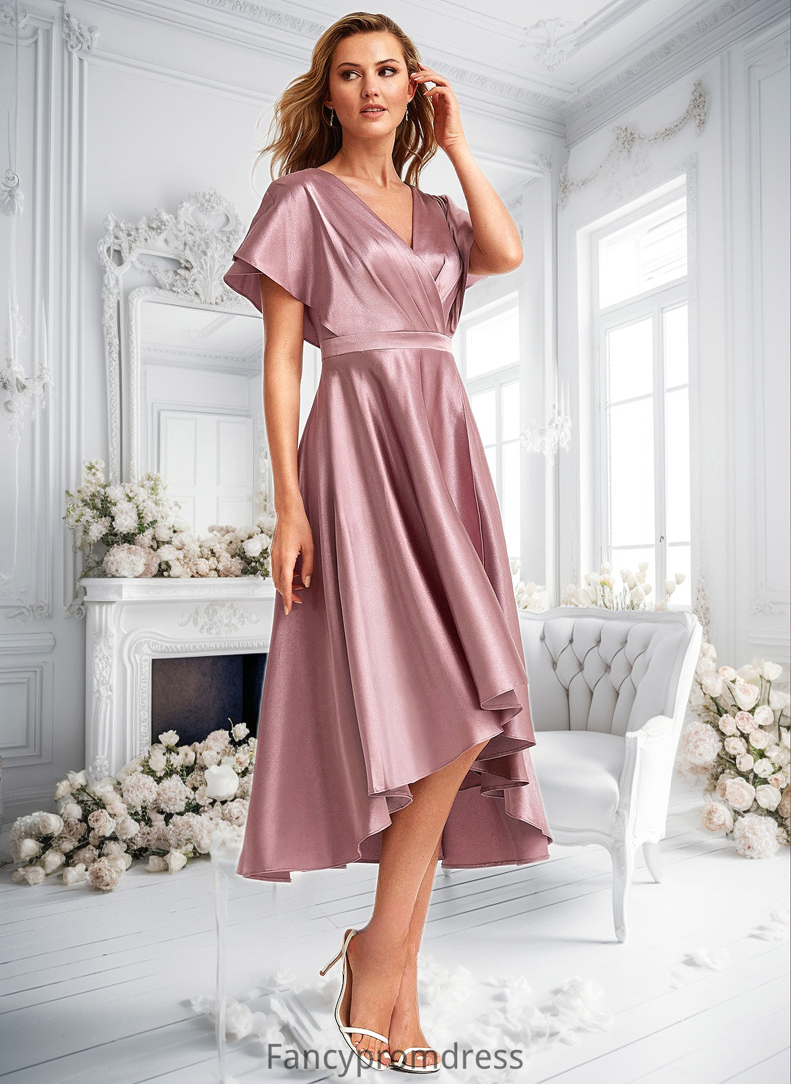 Ella A-line V-Neck Asymmetrical Stretch Satin Bridesmaid Dress DRP0025752