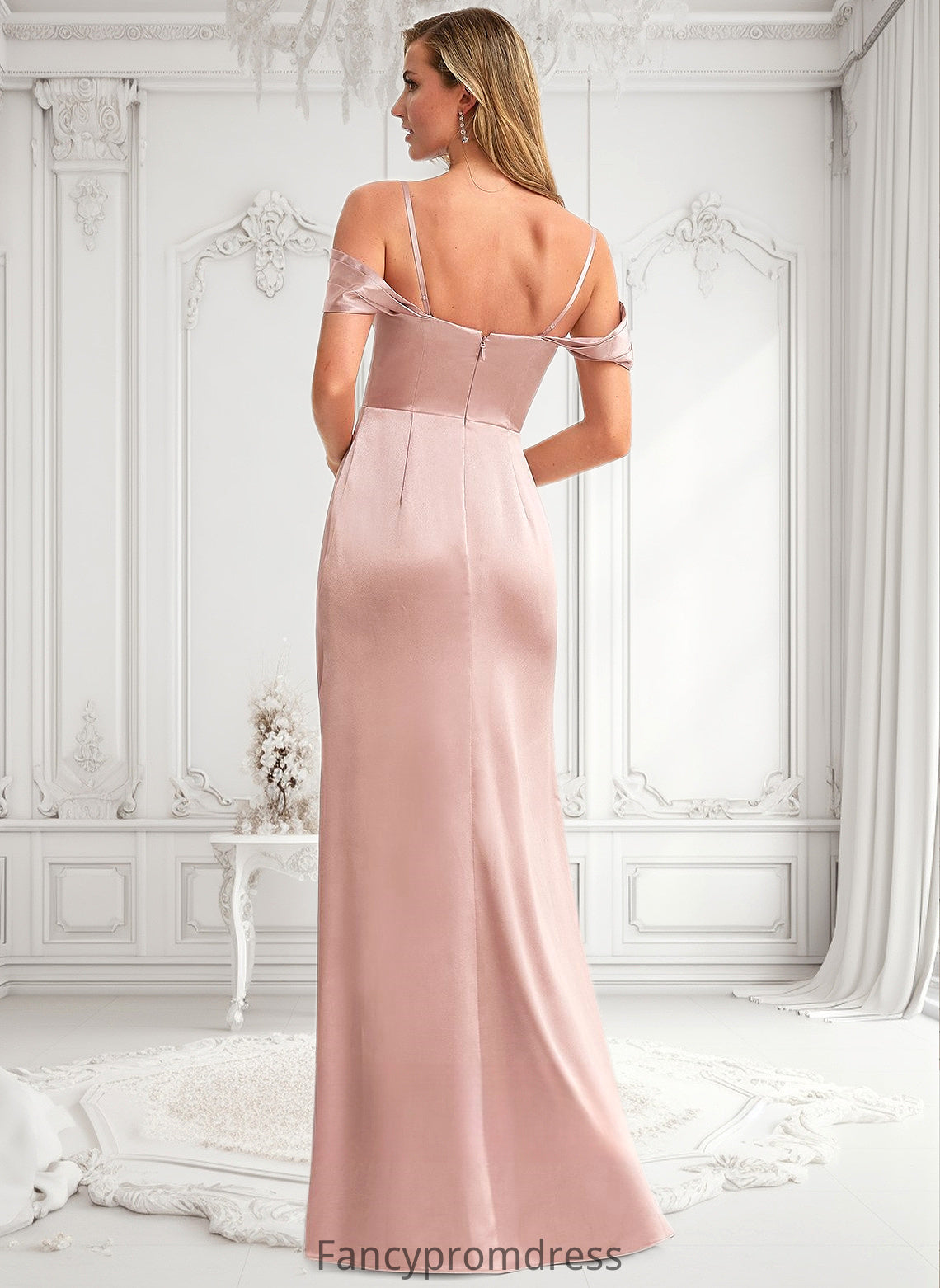 Beryl A-line Cold Shoulder Floor-Length Stretch Satin Bridesmaid Dress DRP0025747