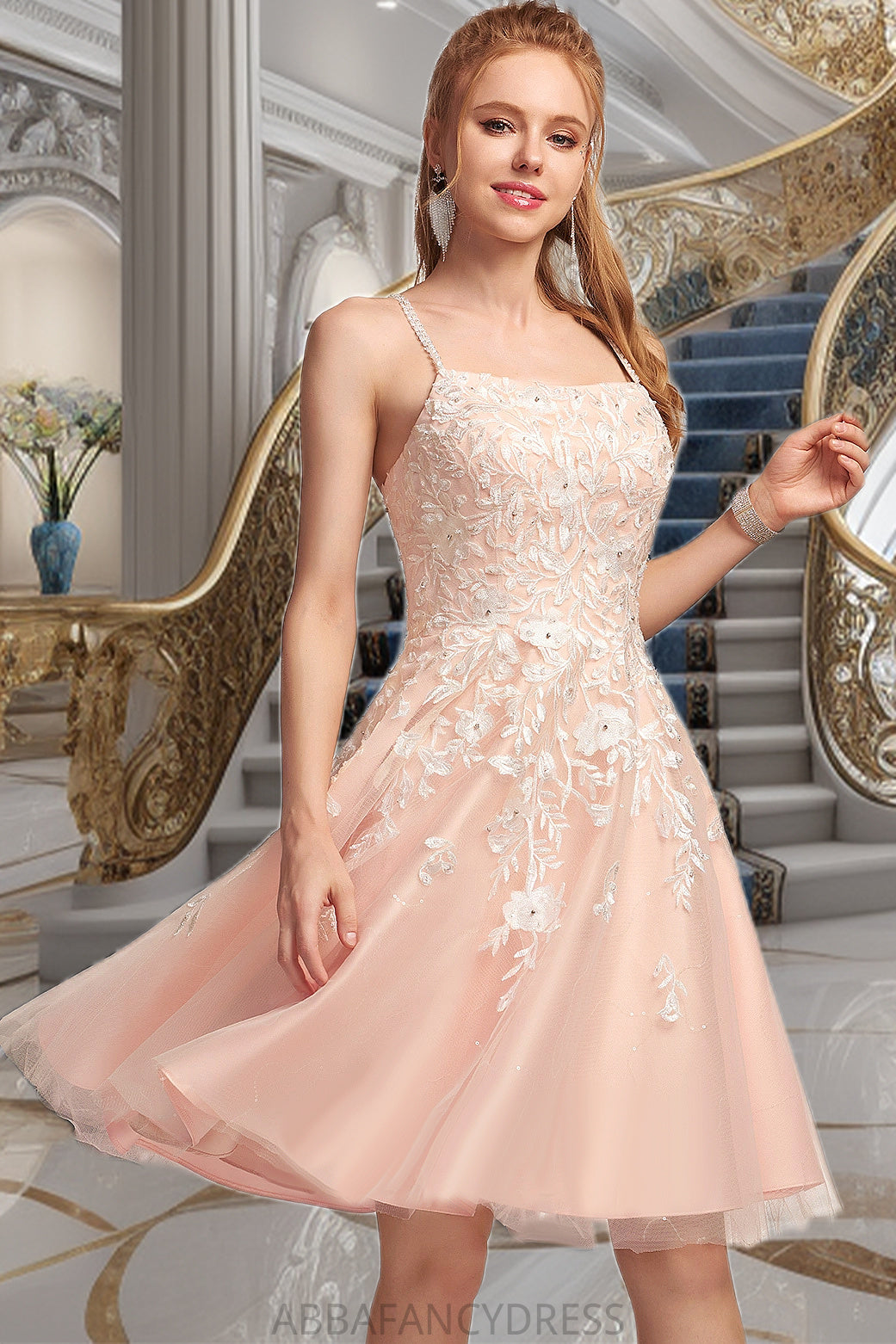 Laylah A-line Square Knee-Length Tulle Homecoming Dress With Beading DRP0020543