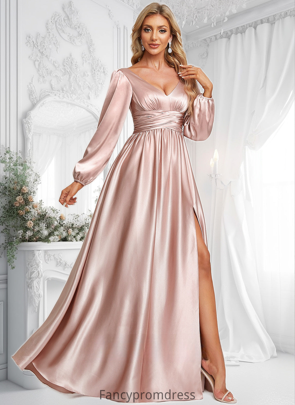 Robin A-line V-Neck Floor-Length Stretch Satin Prom Dresses DRP0025880