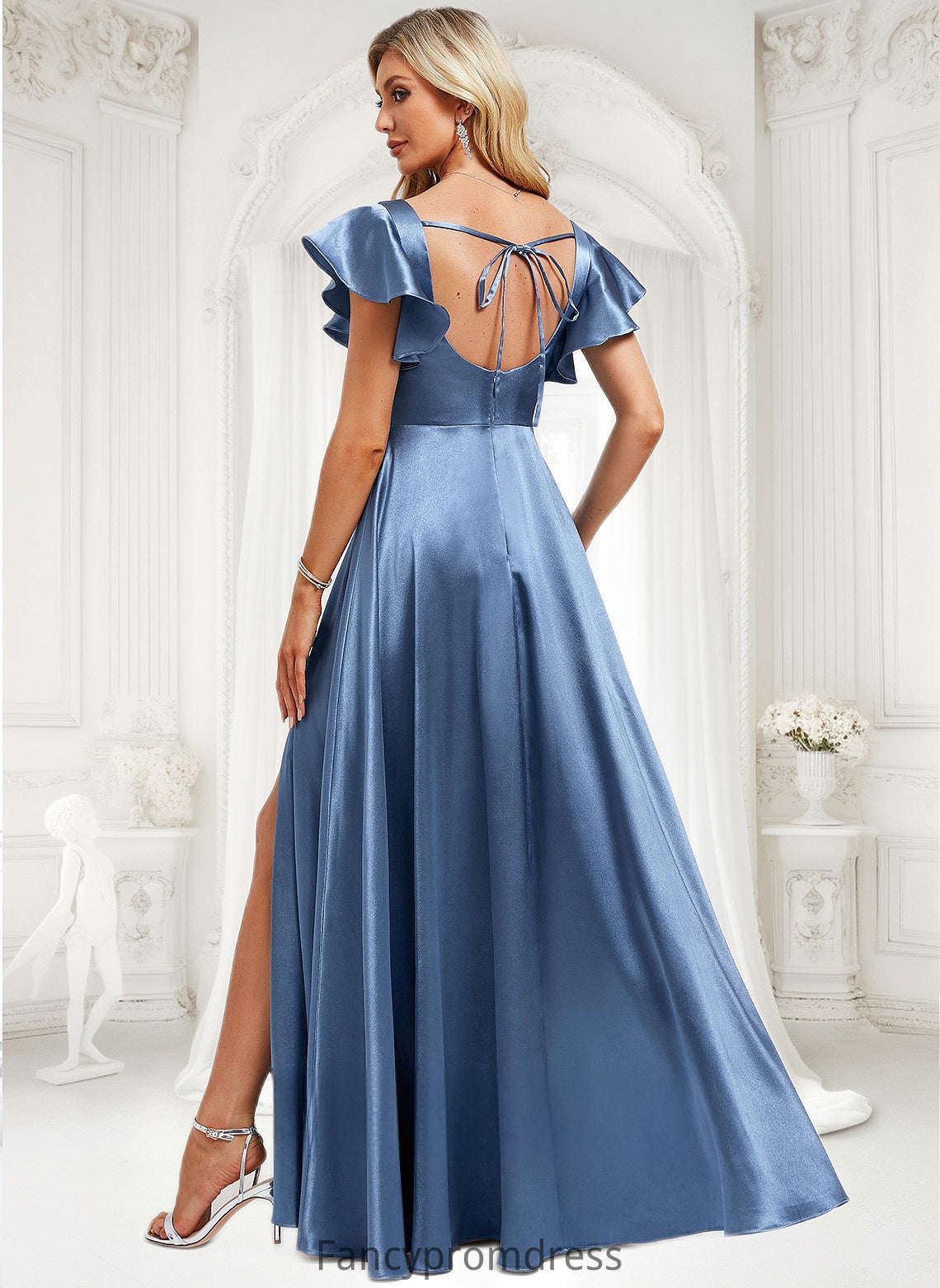 Ina A-line Square Floor-Length Stretch Satin Bridesmaid Dress With Ruffle DRP0025769