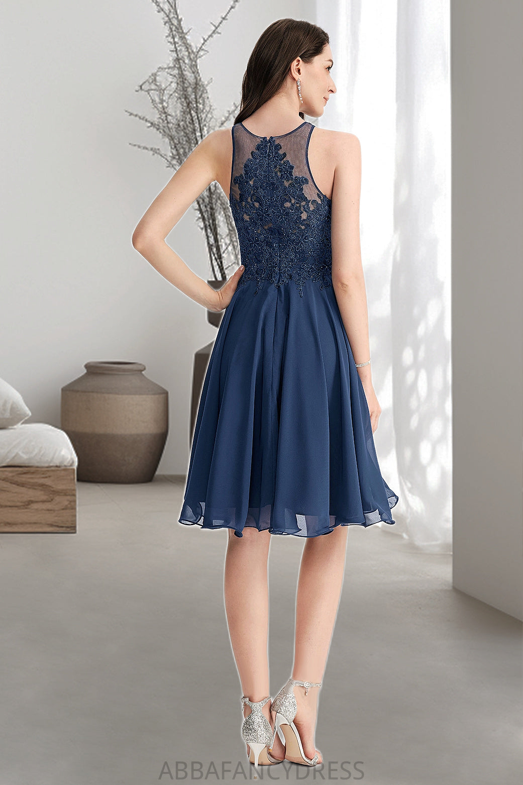 Savannah A-line Scoop Knee-Length Chiffon Lace Homecoming Dress With Beading DRP0020515