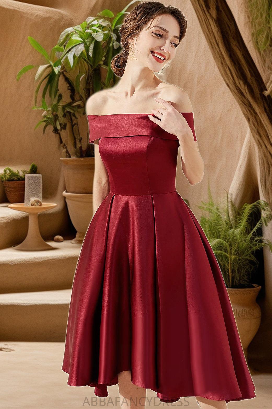 Yasmine A-line Off the Shoulder Asymmetrical Satin Homecoming Dress DRP0020532