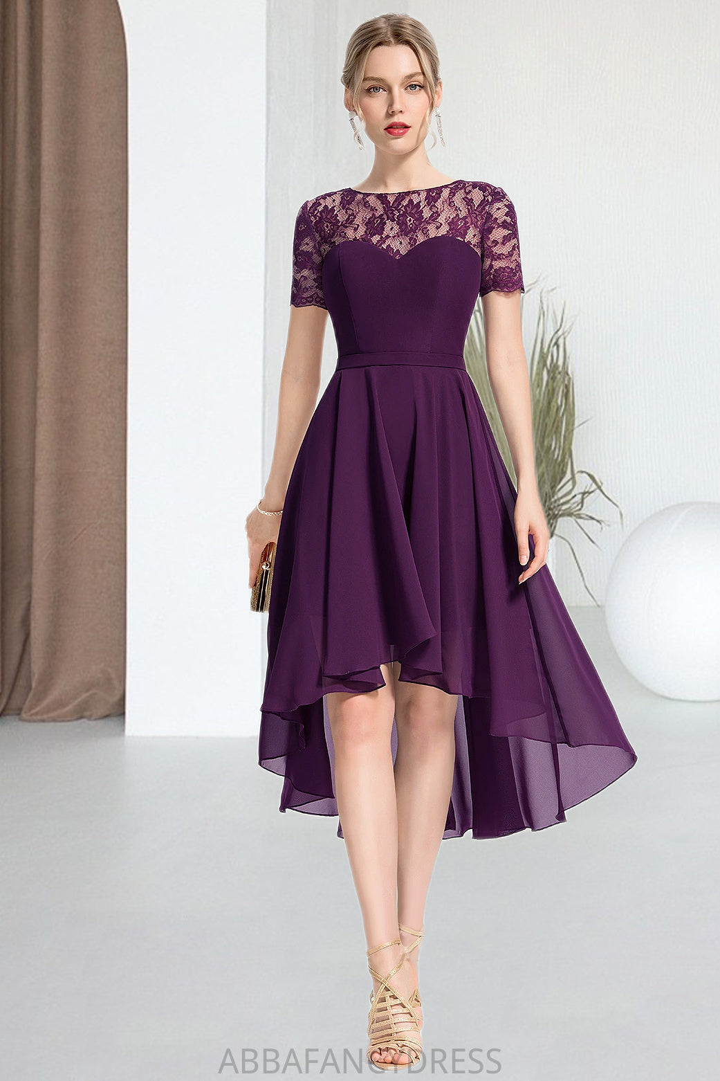 Aisha A-line Scoop Asymmetrical Chiffon Lace Homecoming Dress DRP0020587