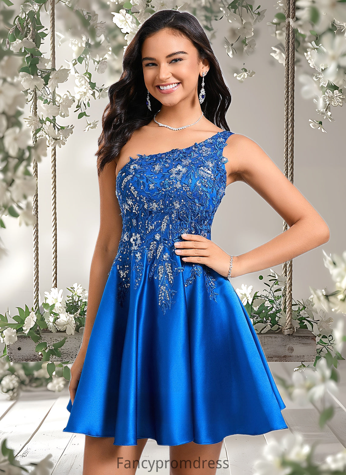 Mikayla A-line One Shoulder Short Satin Homecoming Dress With Appliques Lace Sequins DRP0025657