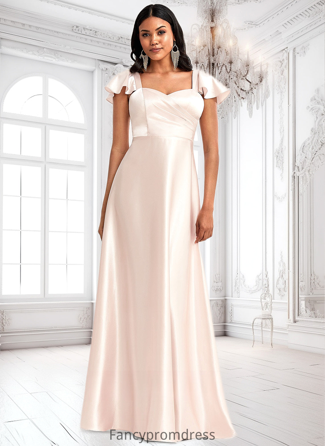 Stephanie A-line V-Neck Floor-Length Stretch Satin Bridesmaid Dress With Bow DRP0025759