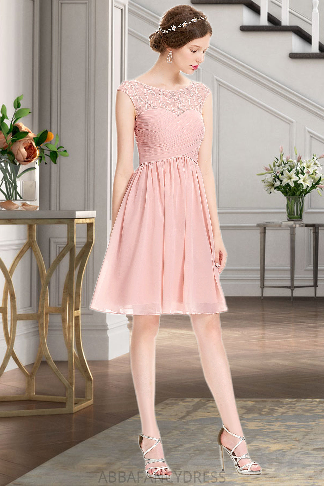 Eliza A-line Scoop Knee-Length Chiffon Tulle Homecoming Dress With Beading Ruffle DRP0020594