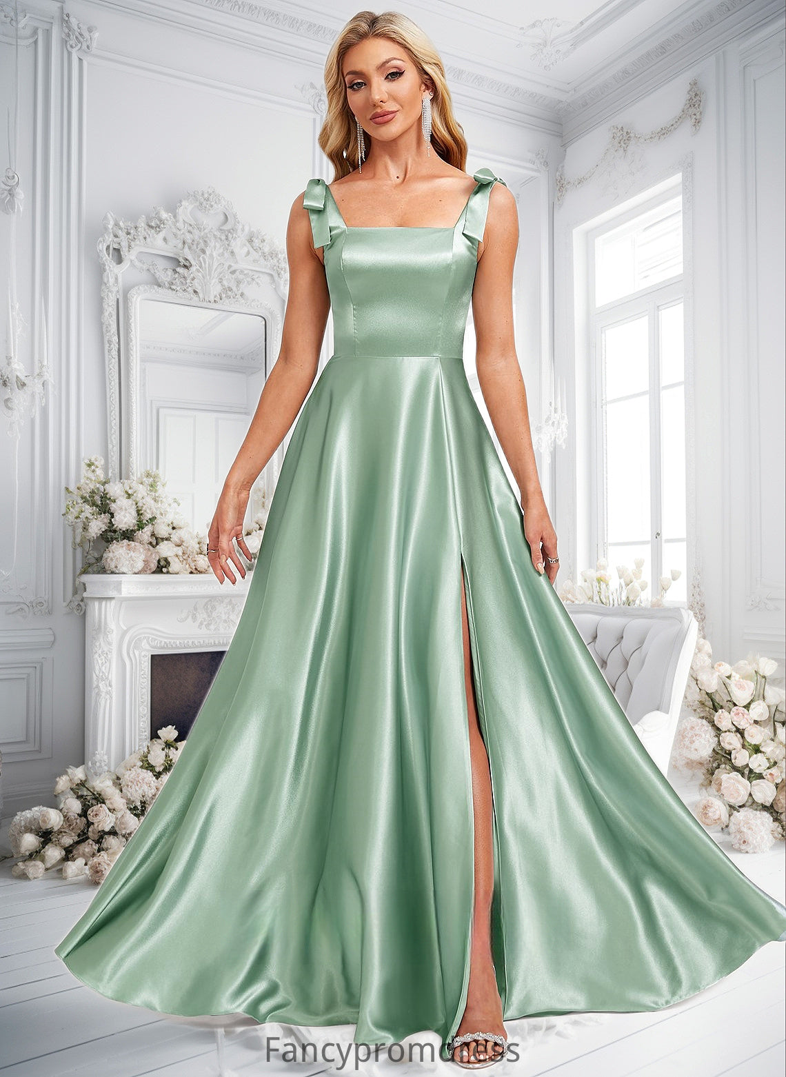 Nola A-line Square Floor-Length Stretch Satin Bridesmaid Dress With Bow DRP0025788