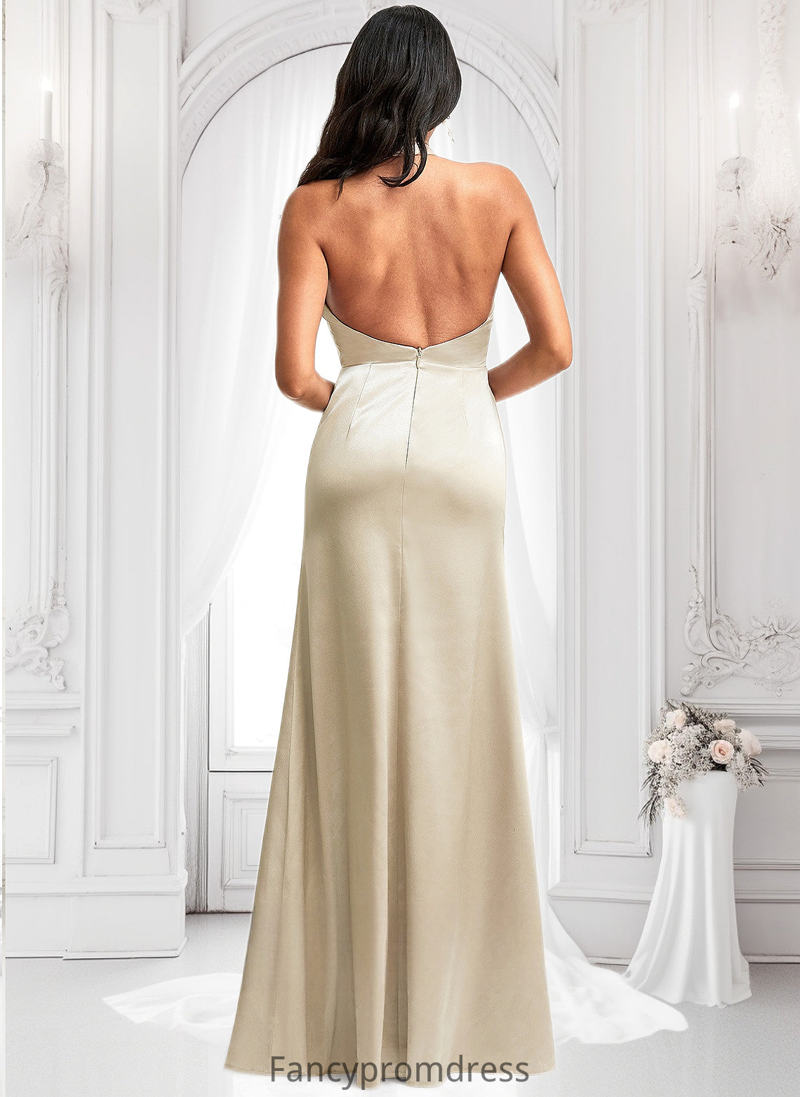 Madelyn A-line Halter Floor-Length Stretch Satin Bridesmaid Dress DRP0025761