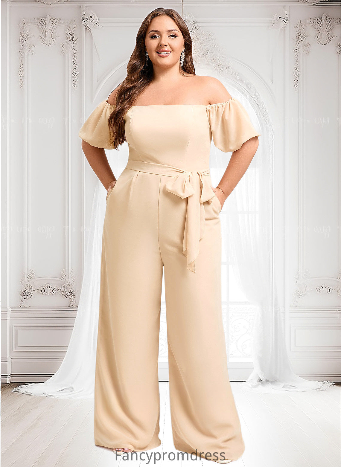 Anastasia Jumpsuit/Pantsuit Off the Shoulder Square Floor-Length Chiffon Bridesmaid Dress DRP0025791