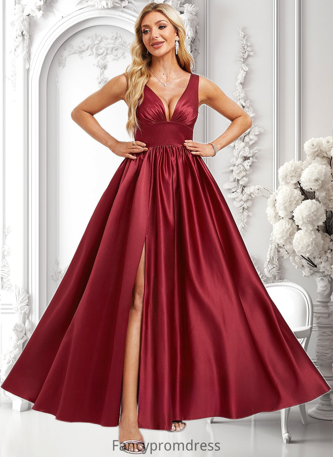 Amelie A-line V-Neck Floor-Length Satin Bridesmaid Dress DRP0025775