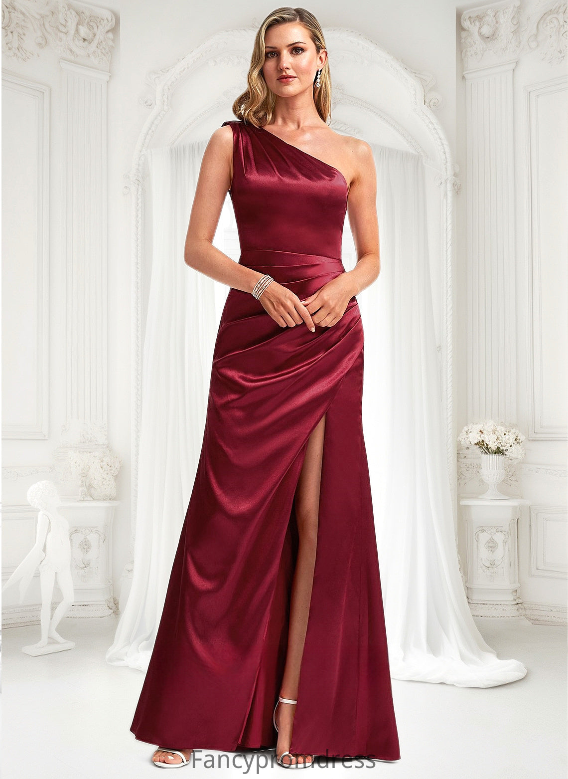 Tina A-line One Shoulder Floor-Length Stretch Satin Bridesmaid Dress With Bow DRP0025758