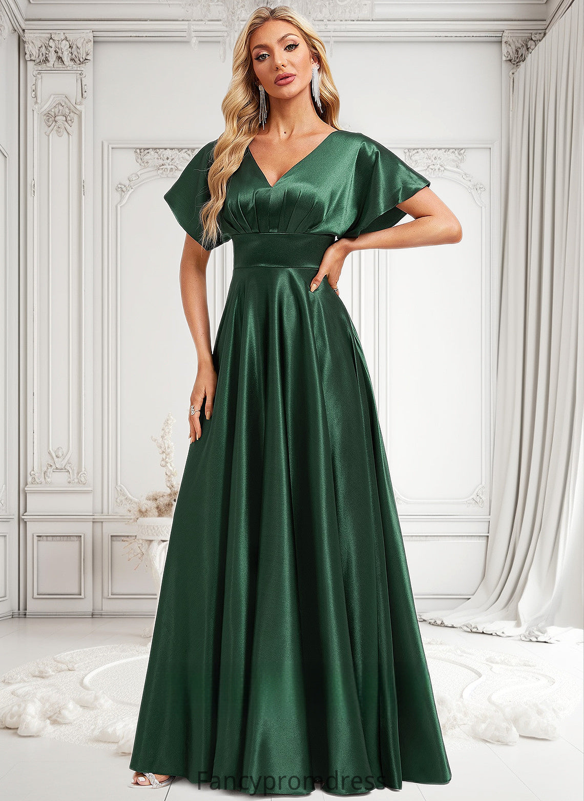 Nathalia A-line V-Neck Floor-Length Stretch Satin Bridesmaid Dress DRP0025782