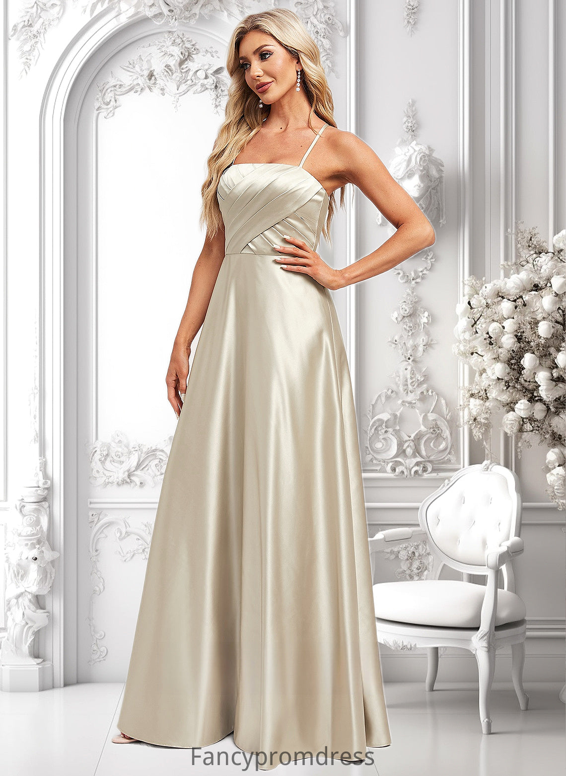 Ciara A-line Square Floor-Length Satin Bridesmaid Dress DRP0025789