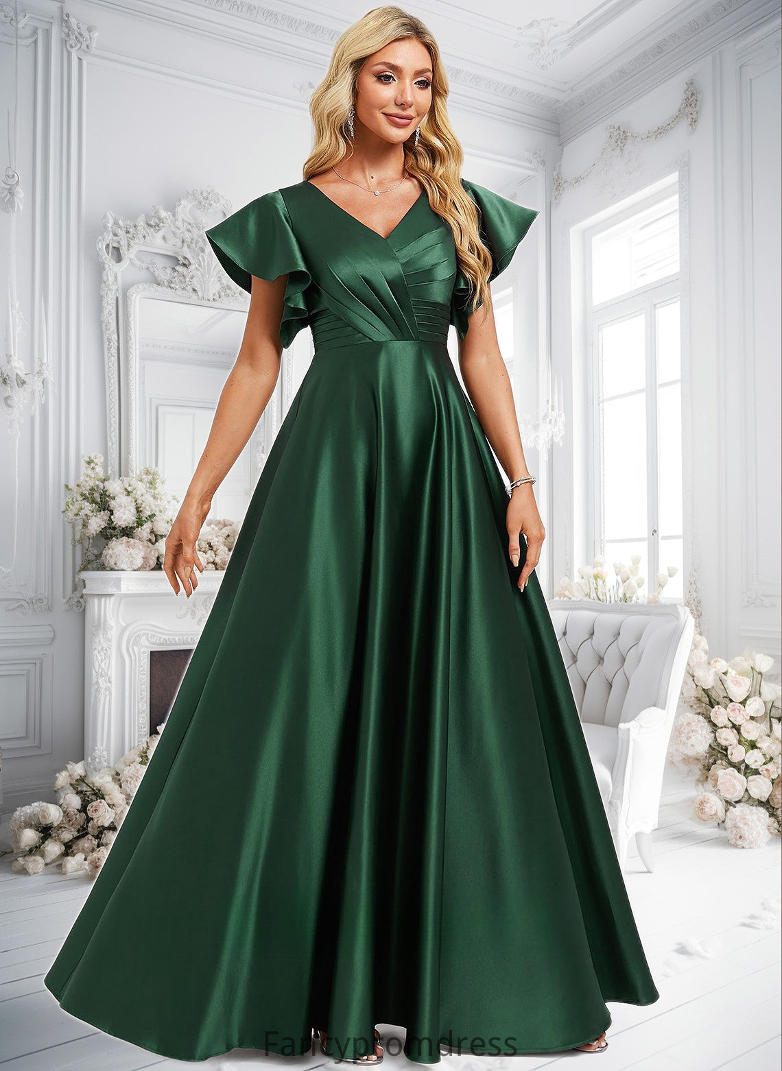 Selina A-line V-Neck Floor-Length Satin Bridesmaid Dress With Ruffle DRP0025777