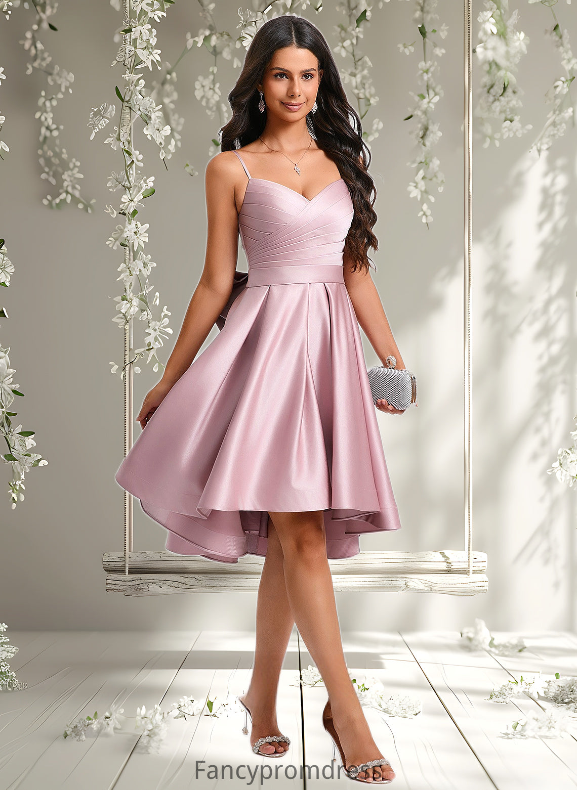 Jade A-line V-Neck Asymmetrical Satin Homecoming Dress With Bow Pleated DRP0025699