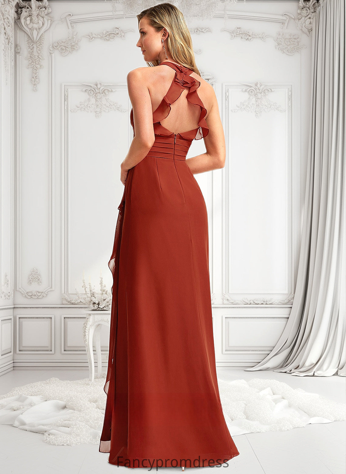 Kierra A-line V-Neck Floor-Length Chiffon Bridesmaid Dress With Ruffle DRP0025754