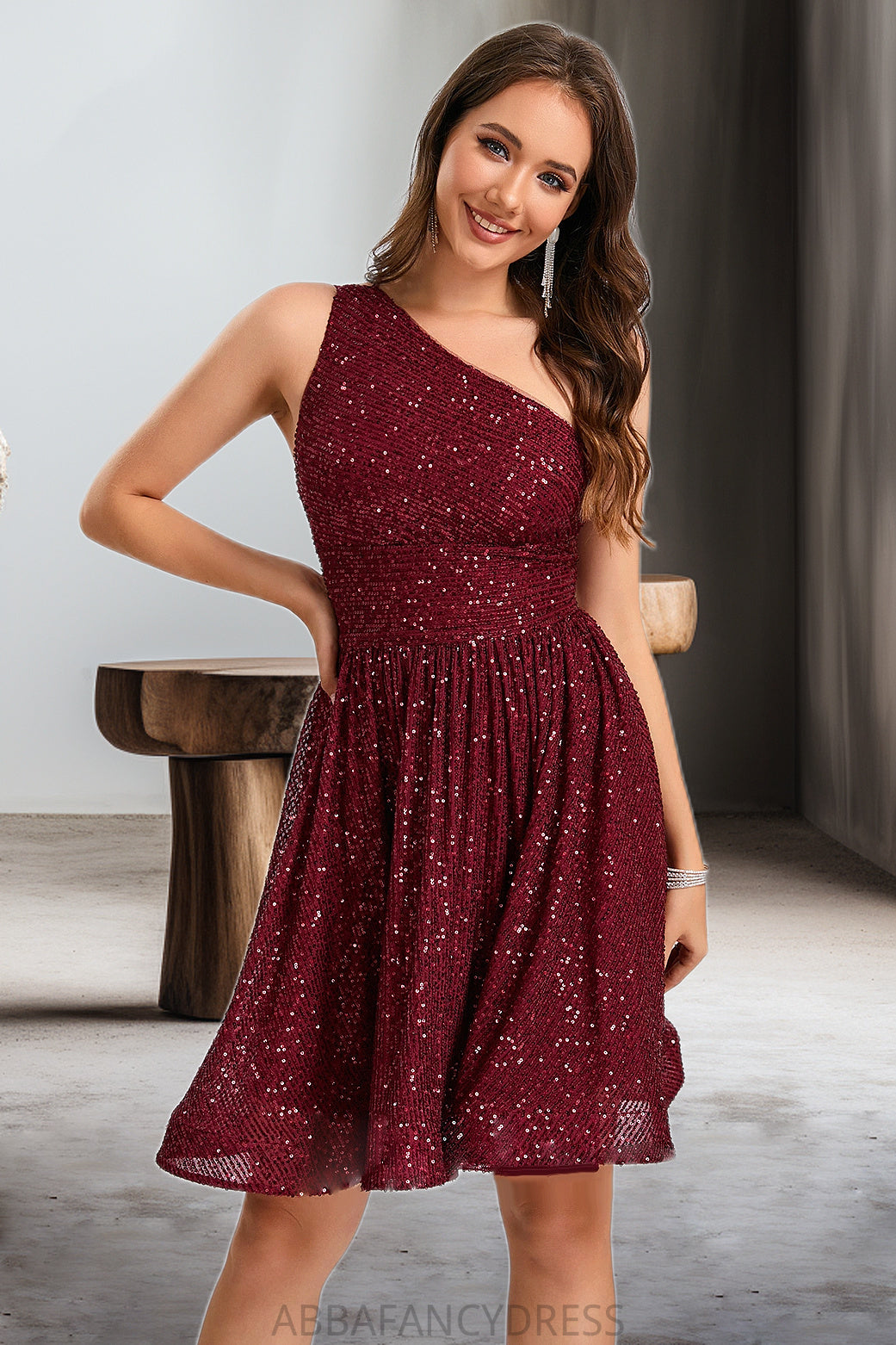 Christina A-line One Shoulder Short/Mini Sequin Homecoming Dress With Sequins DRP0020485